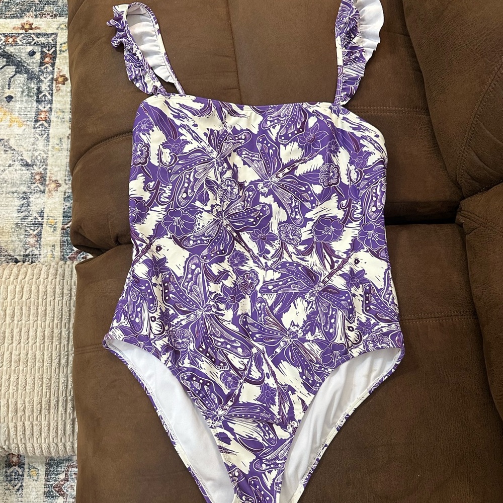 Purple Floral Print Ruffled-Strap One-Piece Swimsuit